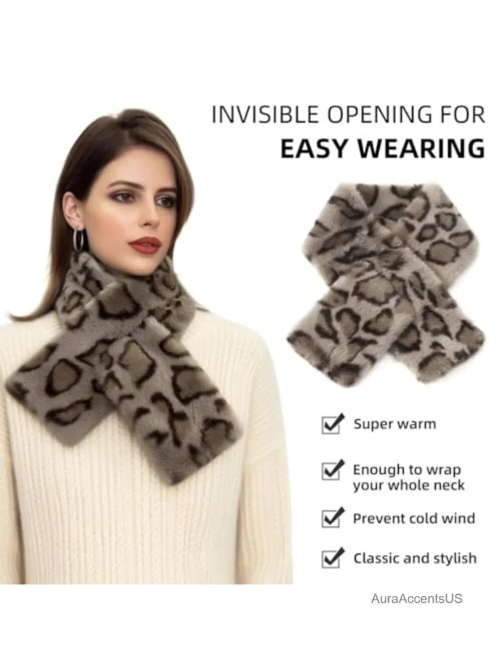 Faux Fur Scarf Neck Warmer Fluffy Winter Wrap with Slit Design